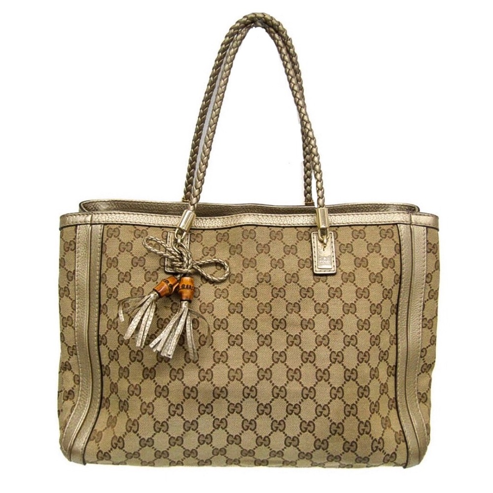GUCCI BELLA GG Bamboo Canvas Leather X-Large Bag Braided Leather Shoulder Strap